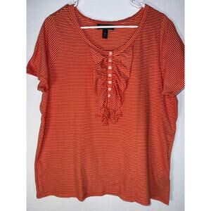 RALPH LAUREN Orange Striped Short Sleeve Ruffle Tee 100% Cotton Womens Sz 1X